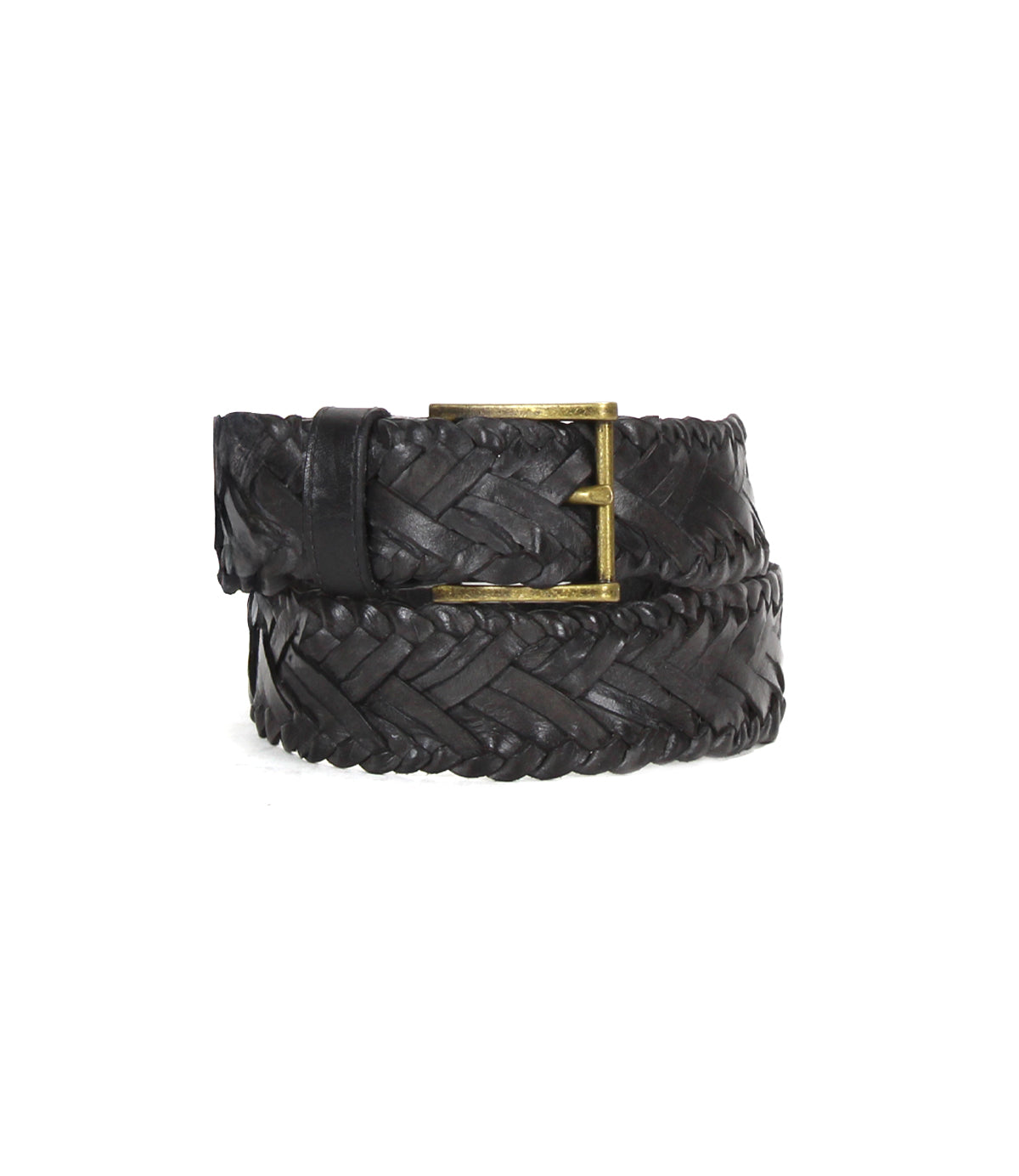 The Bed Stu Proem is a coiled, dark brown handwoven leather belt featuring a vintage metal buckle, shown on a plain white background.