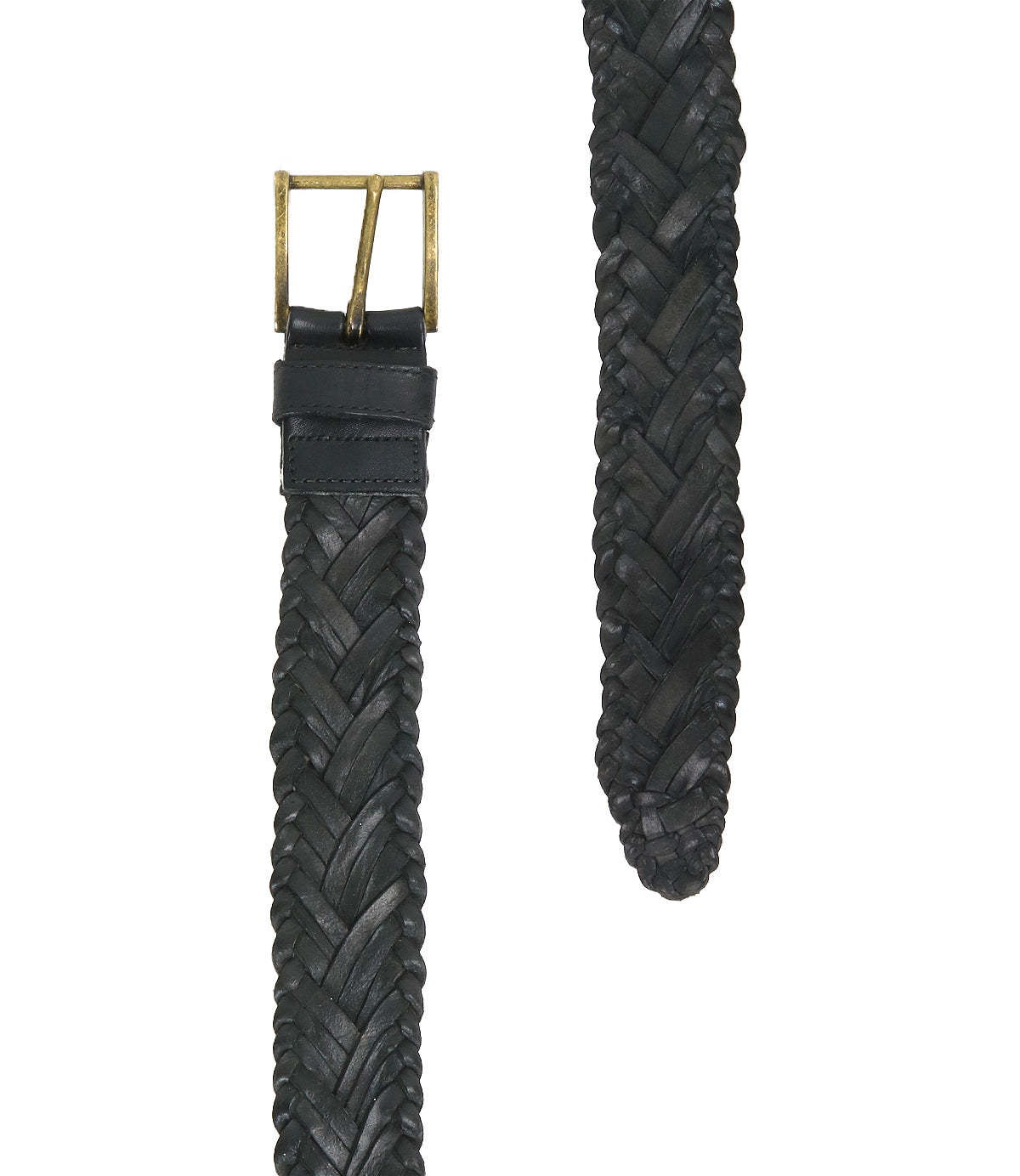 The Bed Stu Proem is a black handwoven leather belt featuring a vintage metal buckle, shown with both the buckle and pointed tip visible on a white background.