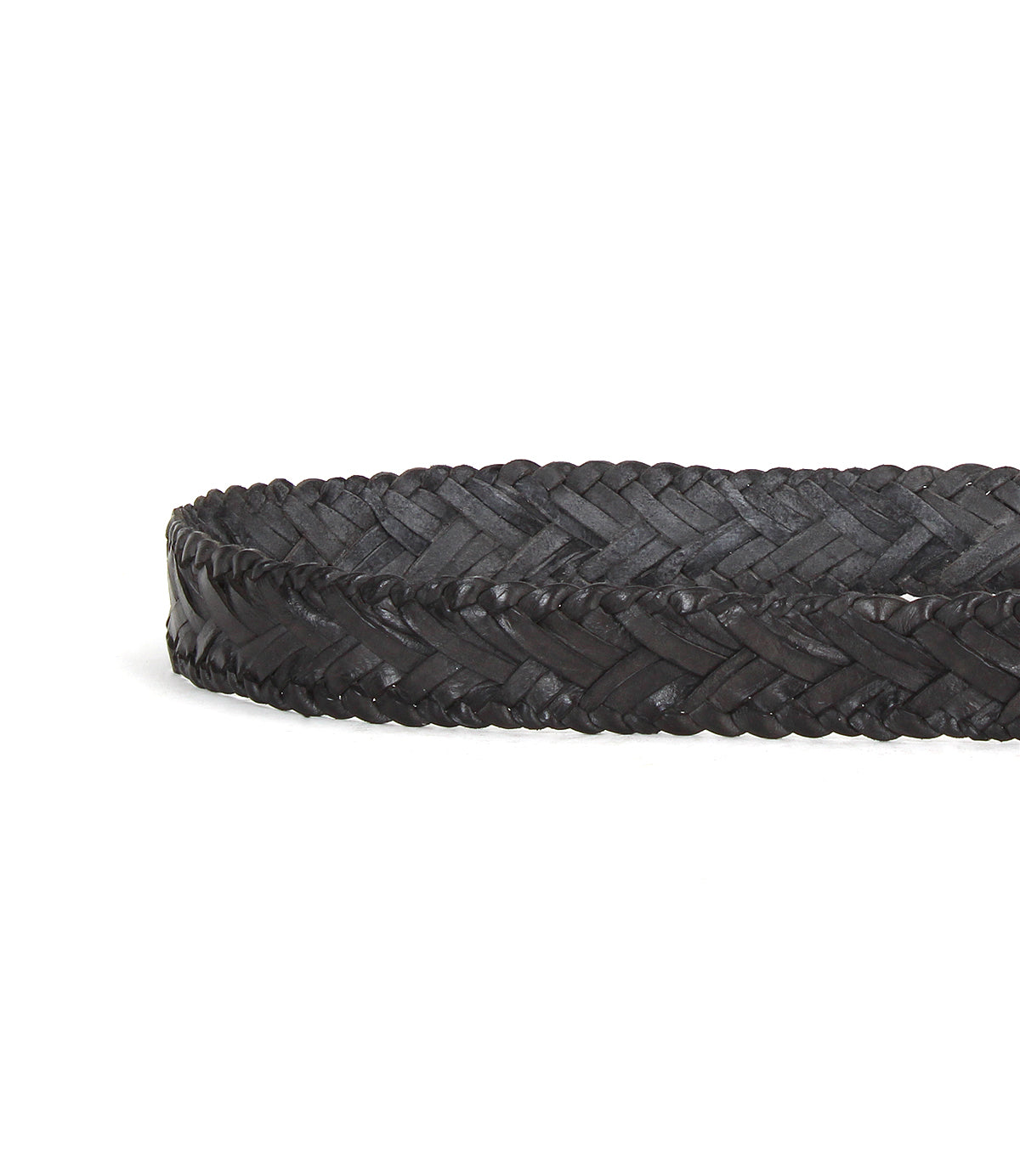 The Bed Stu Proem is a black handwoven leather belt featuring a vintage metal buckle, shown on a white background for rustic casual style.