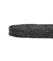 The Bed Stu Proem is a black handwoven leather belt featuring a vintage metal buckle, shown on a white background for rustic casual style.
