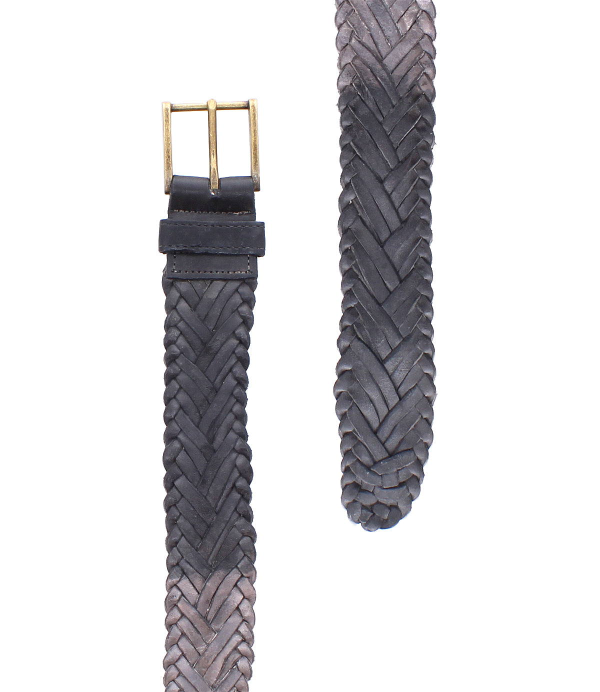 The Bed Stu Proem is a braided dark brown handwoven leather belt with a vintage metal buckle, displayed from the front and side on a white background.