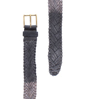 The Bed Stu Proem is a braided dark brown handwoven leather belt with a vintage metal buckle, displayed from the front and side on a white background.