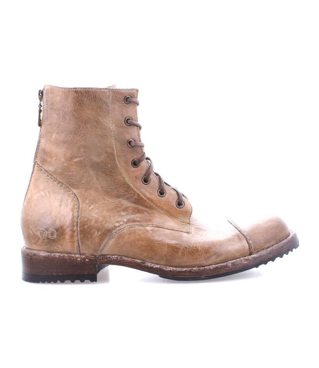 The white background showcases the Bed Stu Protege brown leather lace-up combat boots with a rear zipper, rugged sole, robust traction, and Goodyear welt construction for durability.