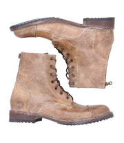 The Protege combat boots by Bed Stu feature brown leather with lace-up design, strong traction, and side zippers, displayed from side and bottom views.