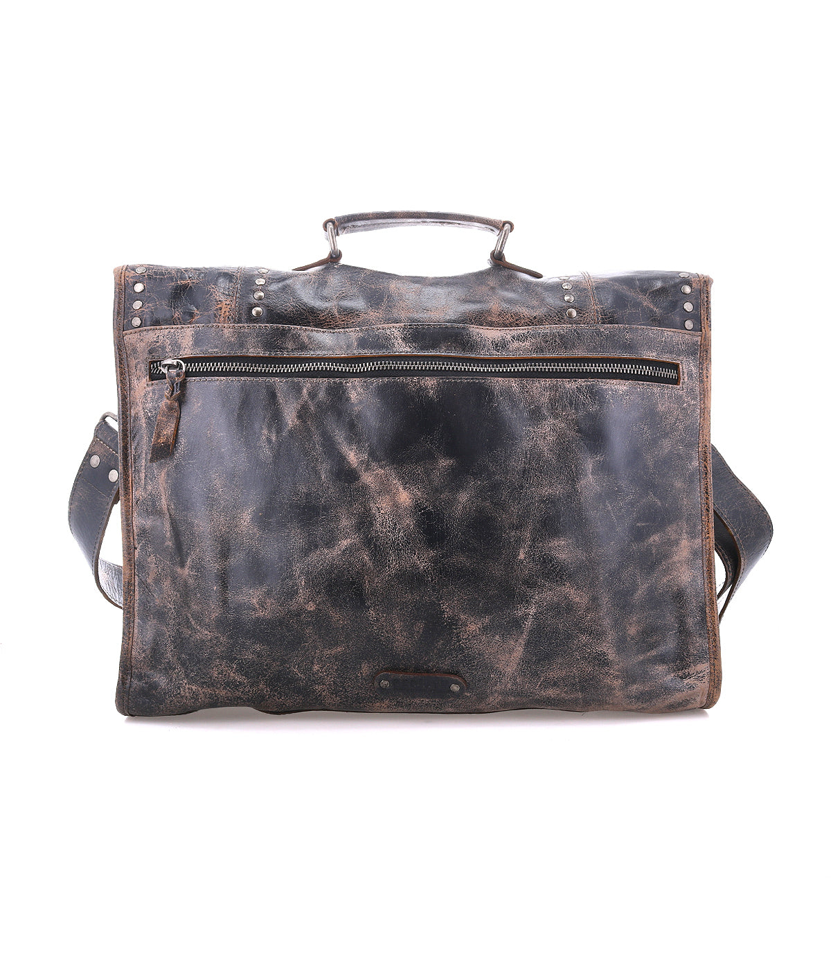 The Bed Stu Pub messenger bag features distressed brown leather, a top handle, metal buckle, front zippered pocket, and adjustable shoulder strap, displayed on a white background.
