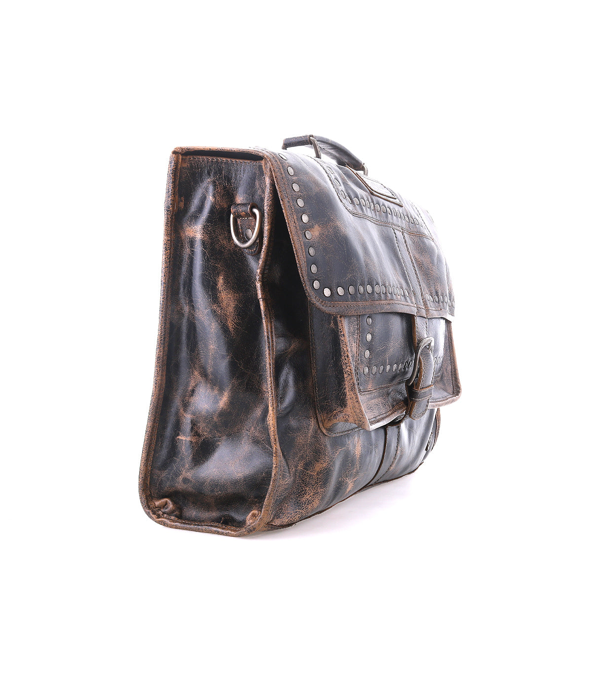 The Bed Stu Pub is a worn black leather briefcase satchel with stylish metal studs, a sturdy metal buckle on the front flap, and a handle, shown against a white background.