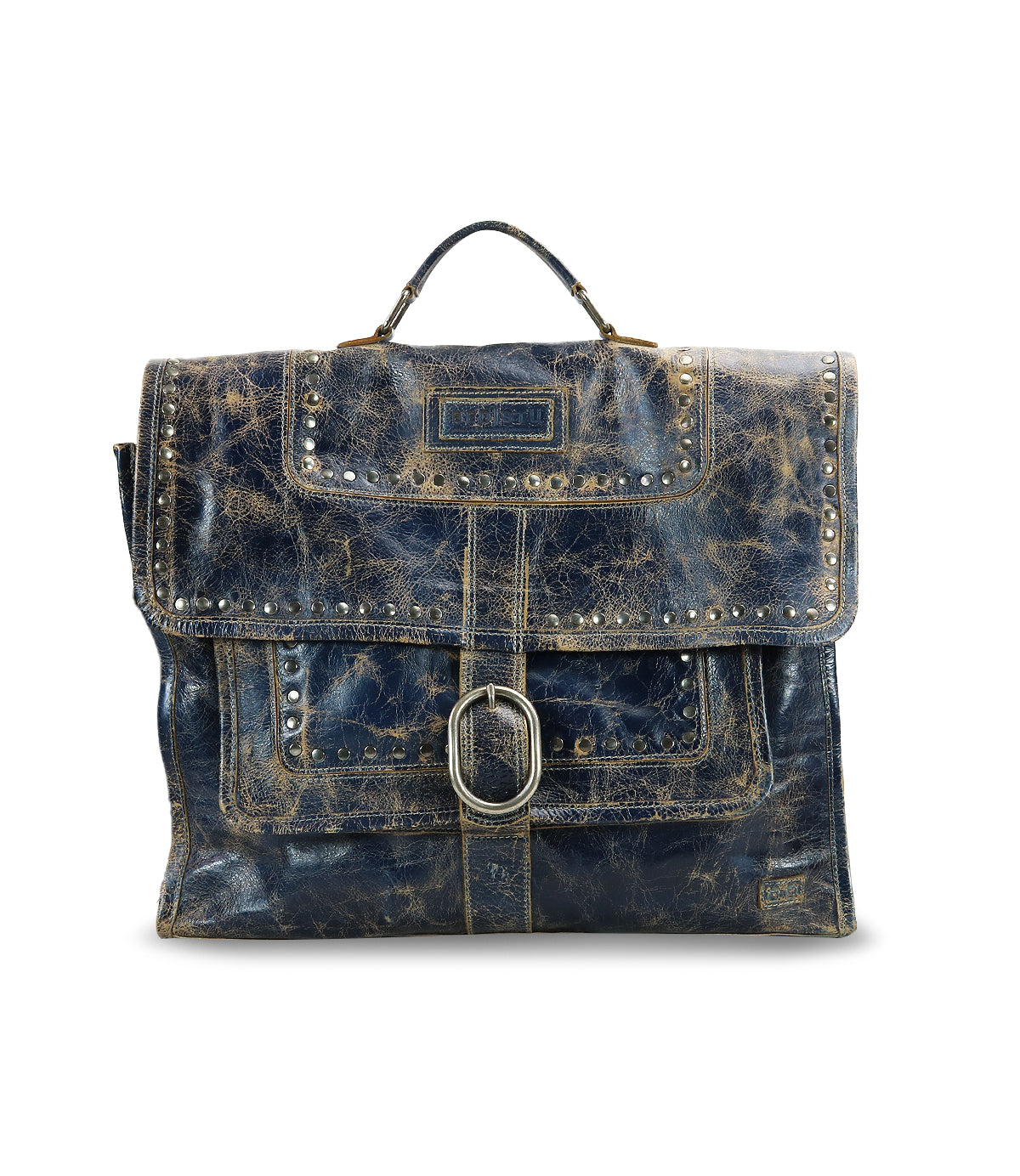 Presenting the Pub by Bed Stu, a chic satchel crafted from weathered leather, featuring a buckle closure and stud accents. This bag boasts a top handle and is designed in a rectangular briefcase shape.