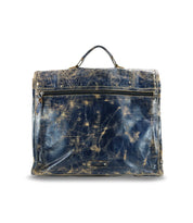 A well-worn, distressed blue leather Pub bag by Bed Stu, featuring a top handle and front zipper pocket, exudes a stylish, rugged vintage appearance reminiscent of a classic briefcase.