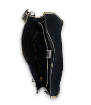 Discover the Pub by Bed Stu, an open black leather handbag featuring a stylish and functional design with interior compartments, a zipper pocket, and a sleek metal buckle closure.
