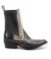 A single black Western boot called "Raise" by Bed Stu, featuring studded accents, decorative stitching, a low heel, and a pull tab.
