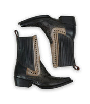 A pair of black and brown Bed Stu "Raise" Western boots featuring decorative stitching and vibrant studded accents, positioned side by side on a white background.