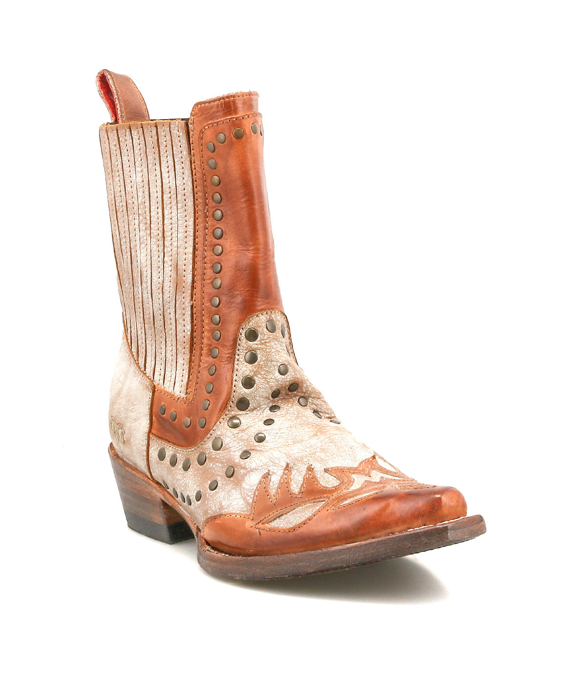 The Bed Stu Raise is a brown and beige leather Western-inspired boot featuring decorative stitching, studded accents, a low heel, and a snip toe for timeless style.