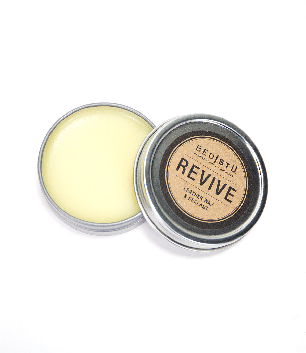 An open tin of Bed Stu revive leather wax and sealant, a protective barrier for leather products, on a white background.