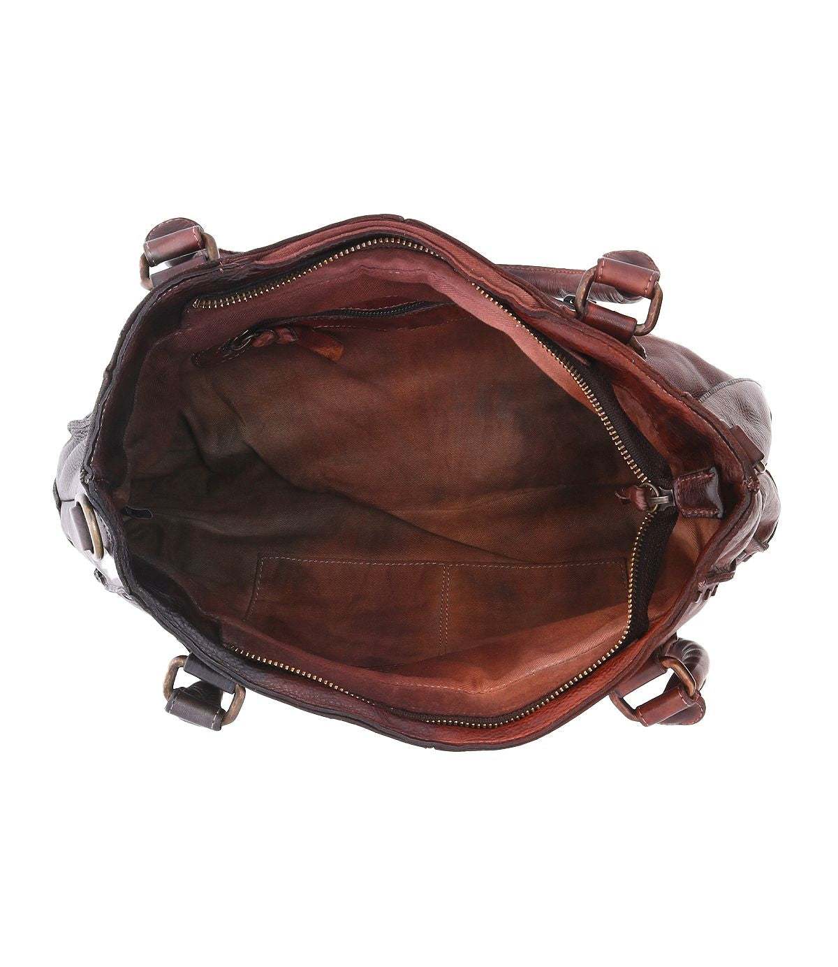 Bed Stu's Rockababy open brown leather handbag features a spacious interior with one zipped pocket and two open pockets, complemented by comfortable padded shoulder straps.
