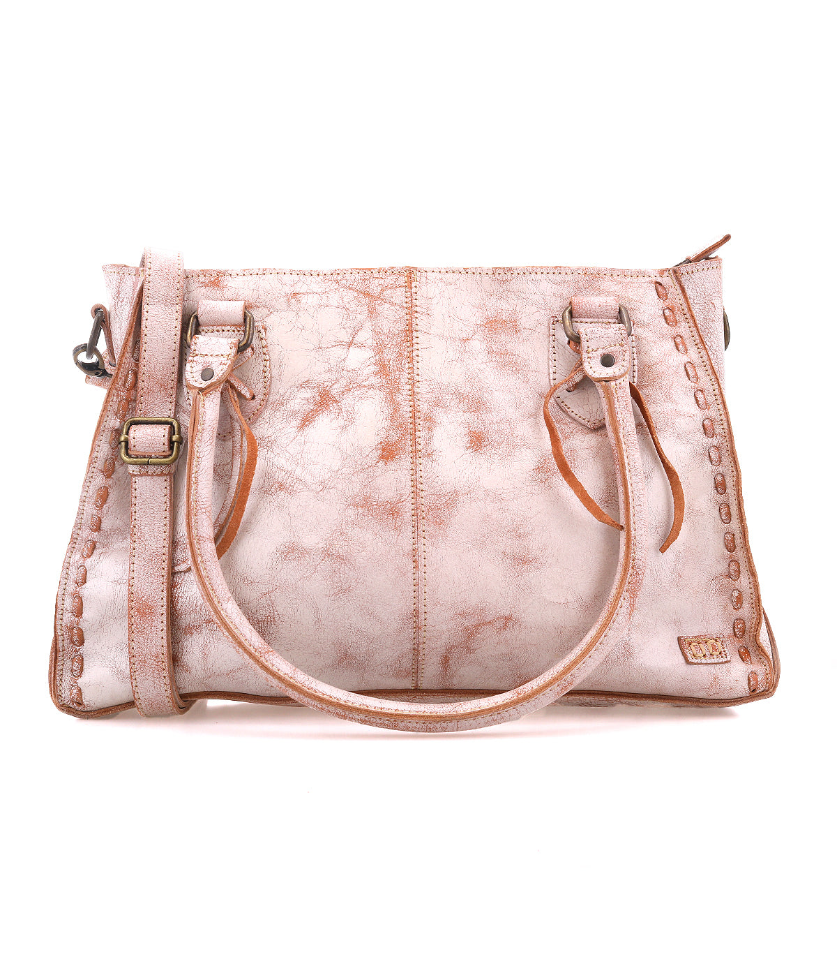 A pink leather handbag from Bed Stu with two handles, featuring a Rockababy crossbody strap and decorative stitching along the edges.