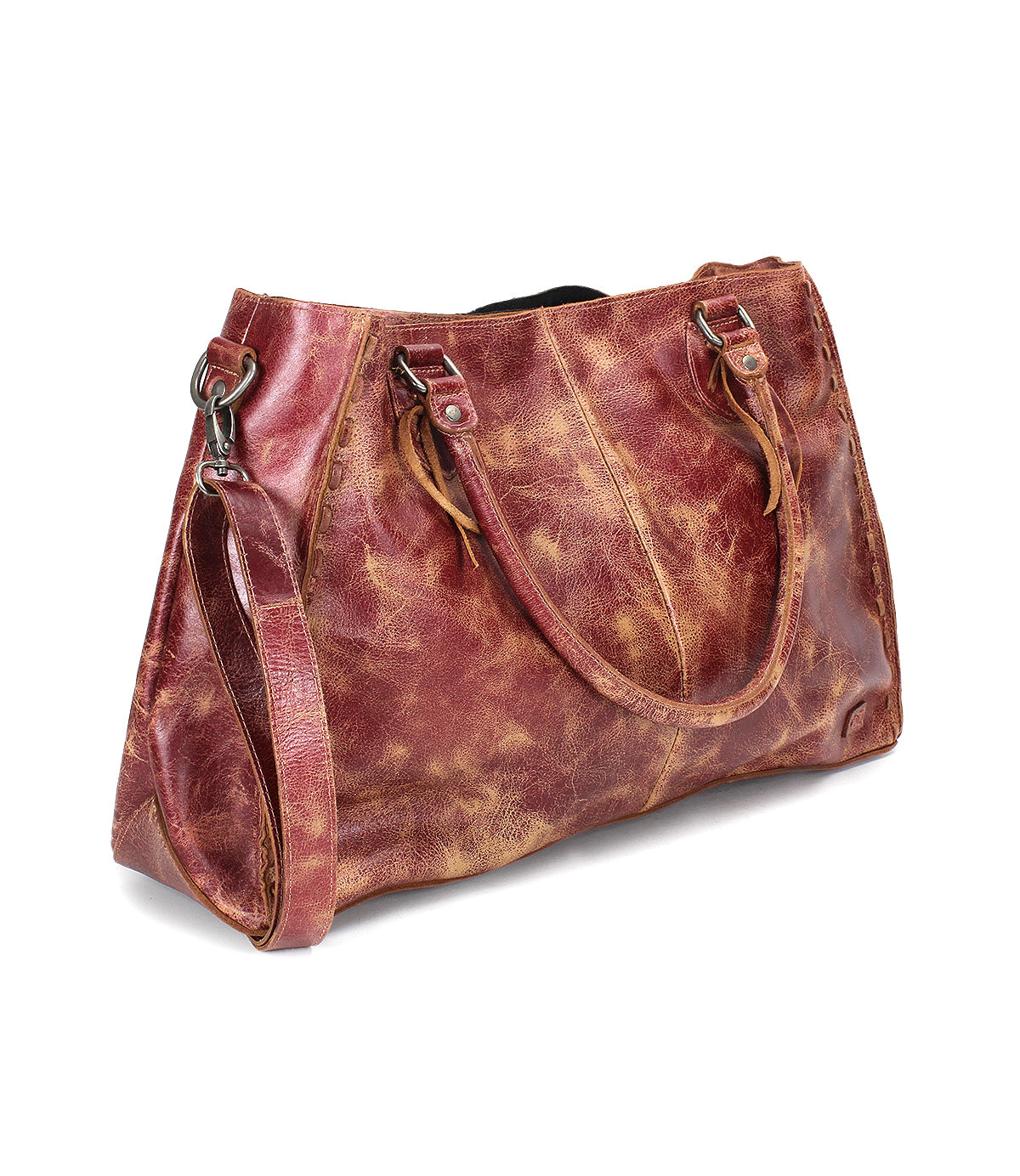 The Bed Stu Rockaway is a brown distressed leather handbag with two handles, a detachable shoulder strap, and a zip-pocket divider, shown on a white background.