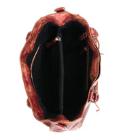 Top view of the Bed Stu Rockaway bag reveals a spacious interior, central zip-pocket divider, and convenient side pockets.