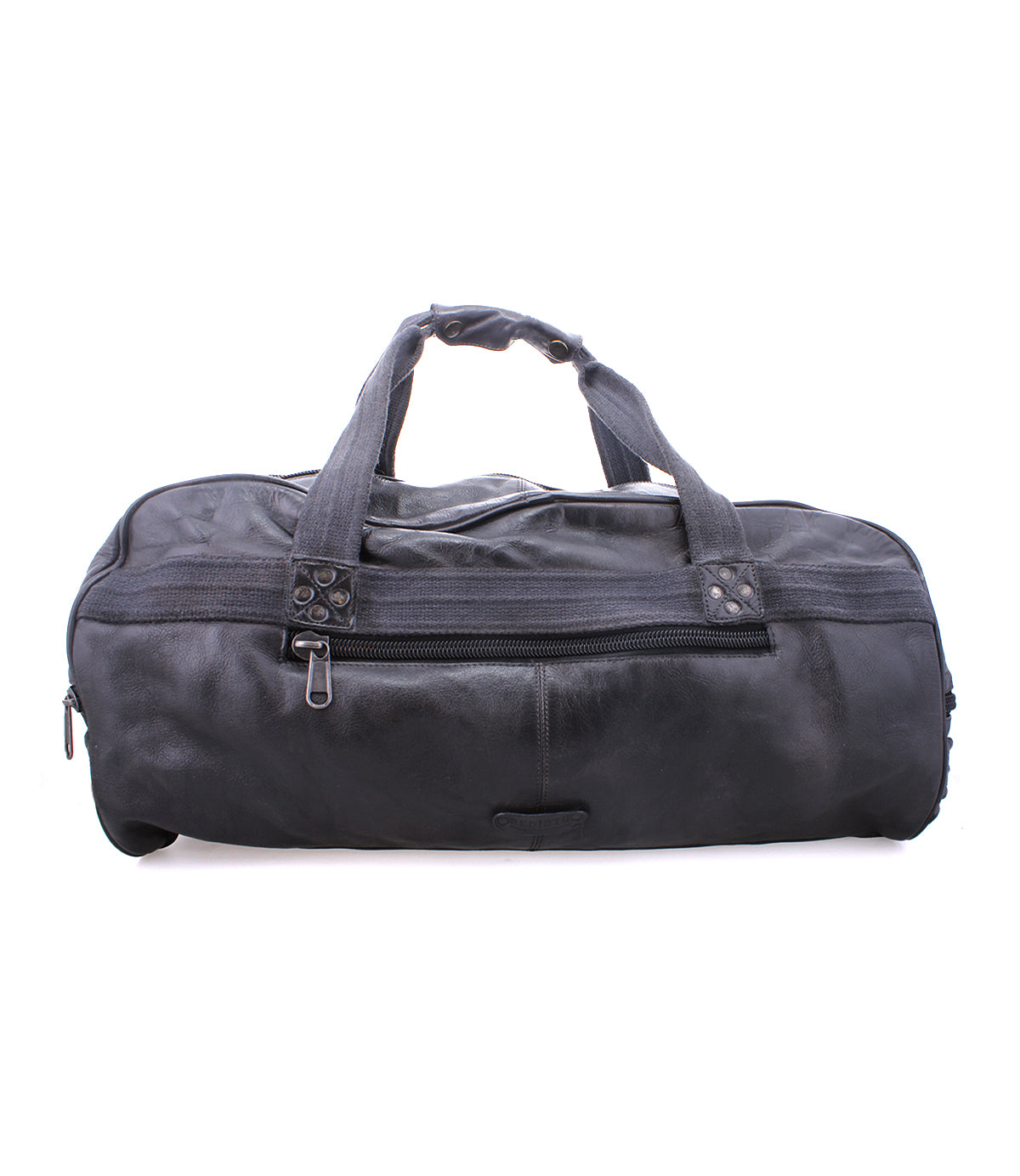 A black leather duffel bag with durable canvas straps, handles, and a front zippered pocket called the Ruslan by Bed Stu.