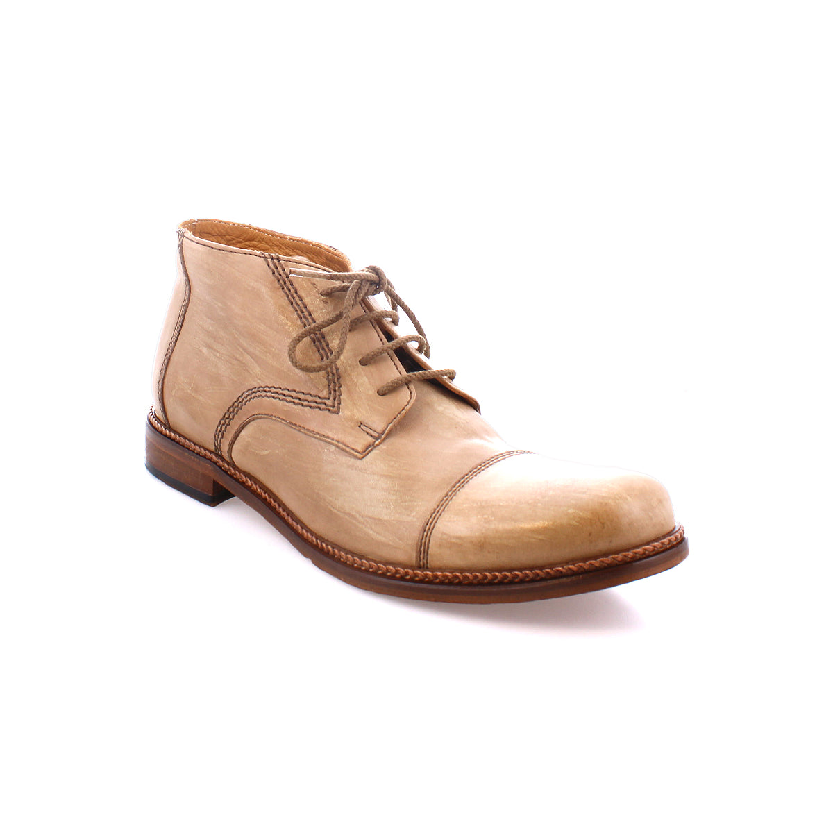 Scoot tan leather Italian lace-up ankle boot by Bed Stu with a rounded cap toe and a dark brown sole, displayed against a white background.