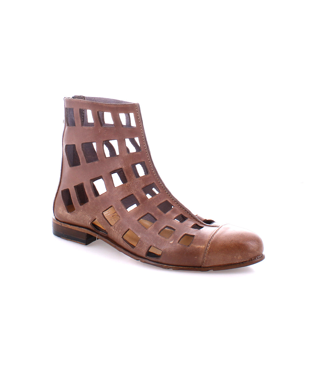 The Bed Stu Skyline, a versatile short boot, features a brown leather finish with an open grid design and a small heel, handcrafted in Italy.