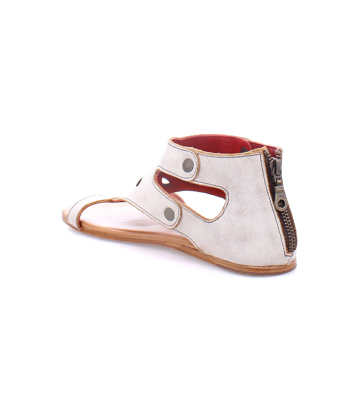 A pair of white Bed Stu Soto CW sandals with red detailing.