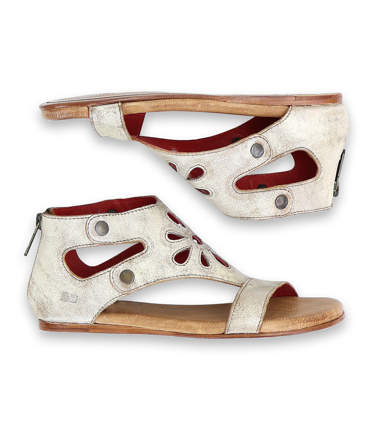 A pair of women's gold and white Bed Stu Soto Cutout sandals displayed against a white background.