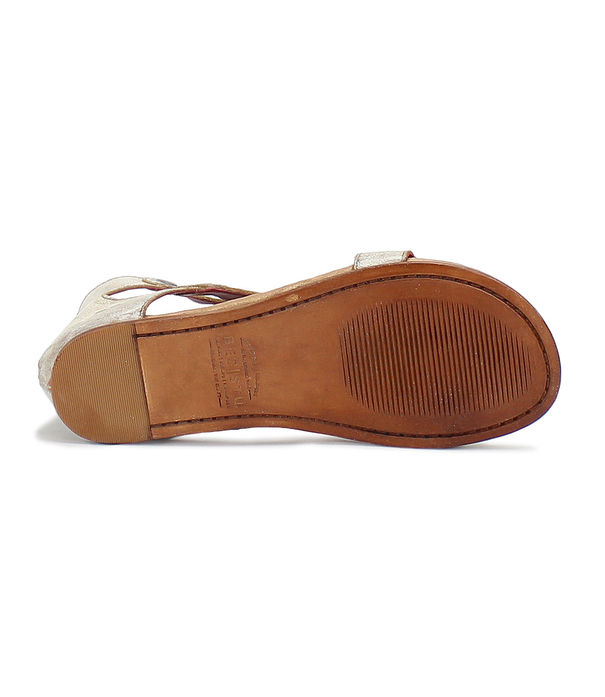 A single Bed Stu Soto Cutout sandal with a cream fabric upper and a brown sole, viewed from the side with the sole facing the camera.