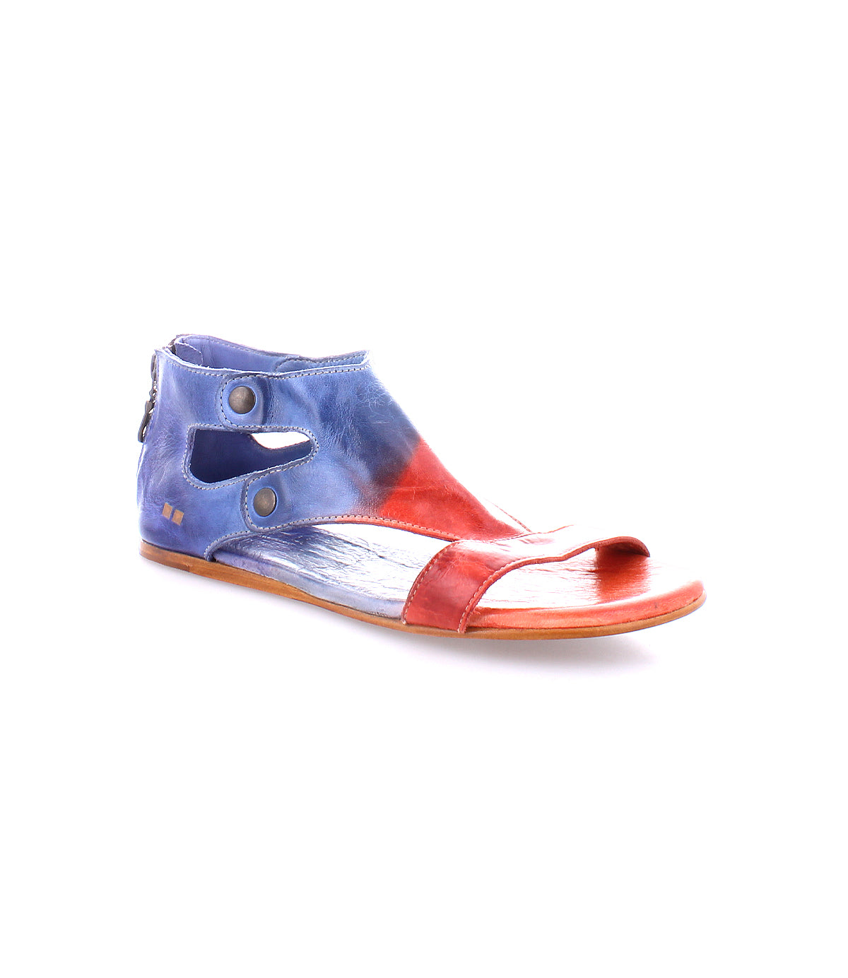 A colorful, red, white, and blue Bed Stu leather sandal with a peep toe design and ankle strap, isolated on a white background.