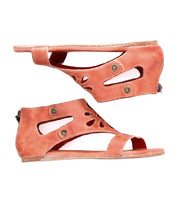 A pair of women’s open-toe, Soto Cutout wedge sandals in a pinkish-tan color, isolated on a white background. Brand: Bed Stu.