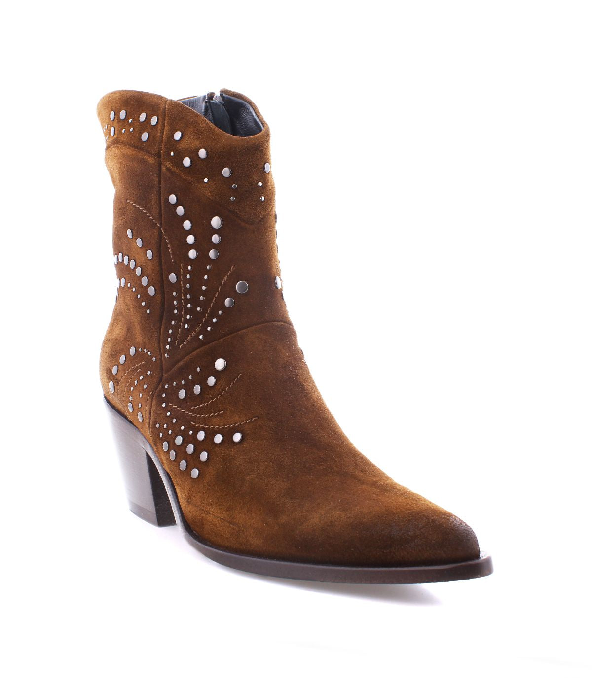 The Sposa by Bed Stu is a brown suede bootie adorned with decorative white studs, featuring a low heel and crafted from vegetable-tanned leather, complete with a side zipper.