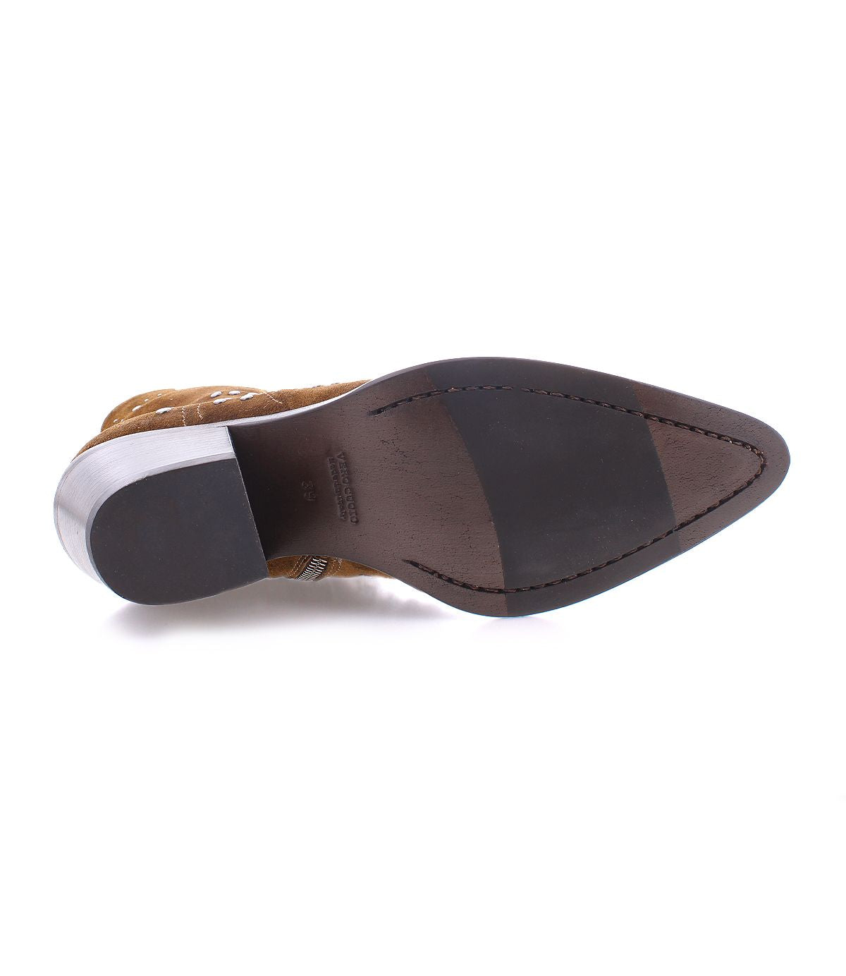 The Sposa by Bed Stu is a brown cowboy boot viewed from the bottom, highlighting its pointed toe and black-soled heel, expertly crafted with vegetable-tanned leather.