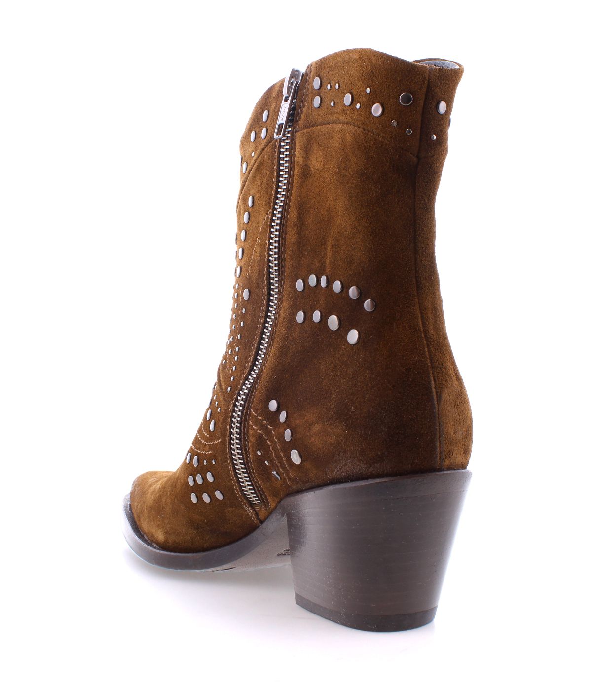The Sposa ankle bootie by Bed Stu is crafted from vegetable-tanned leather and features a studded design with a brown suede finish, a side zipper, and a chunky heel.