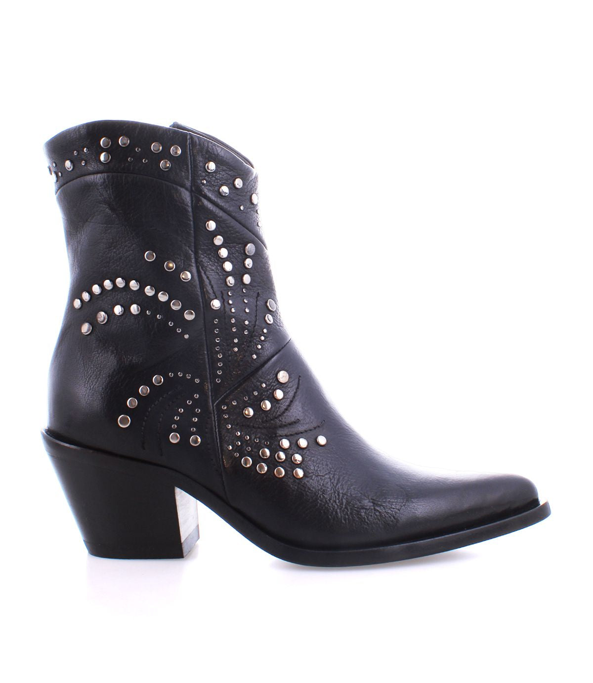 The Sposa ankle boot by Bed Stu features black vegetable-tanned leather with a chunky heel, adorned with decorative silver studs arranged in an elegant swirling pattern.