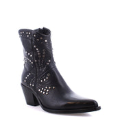 Introducing the Bed Stu Sposa: a black leather bootie adorned with decorative silver studs and a sturdy block heel, meticulously crafted from vegetable-tanned leather.