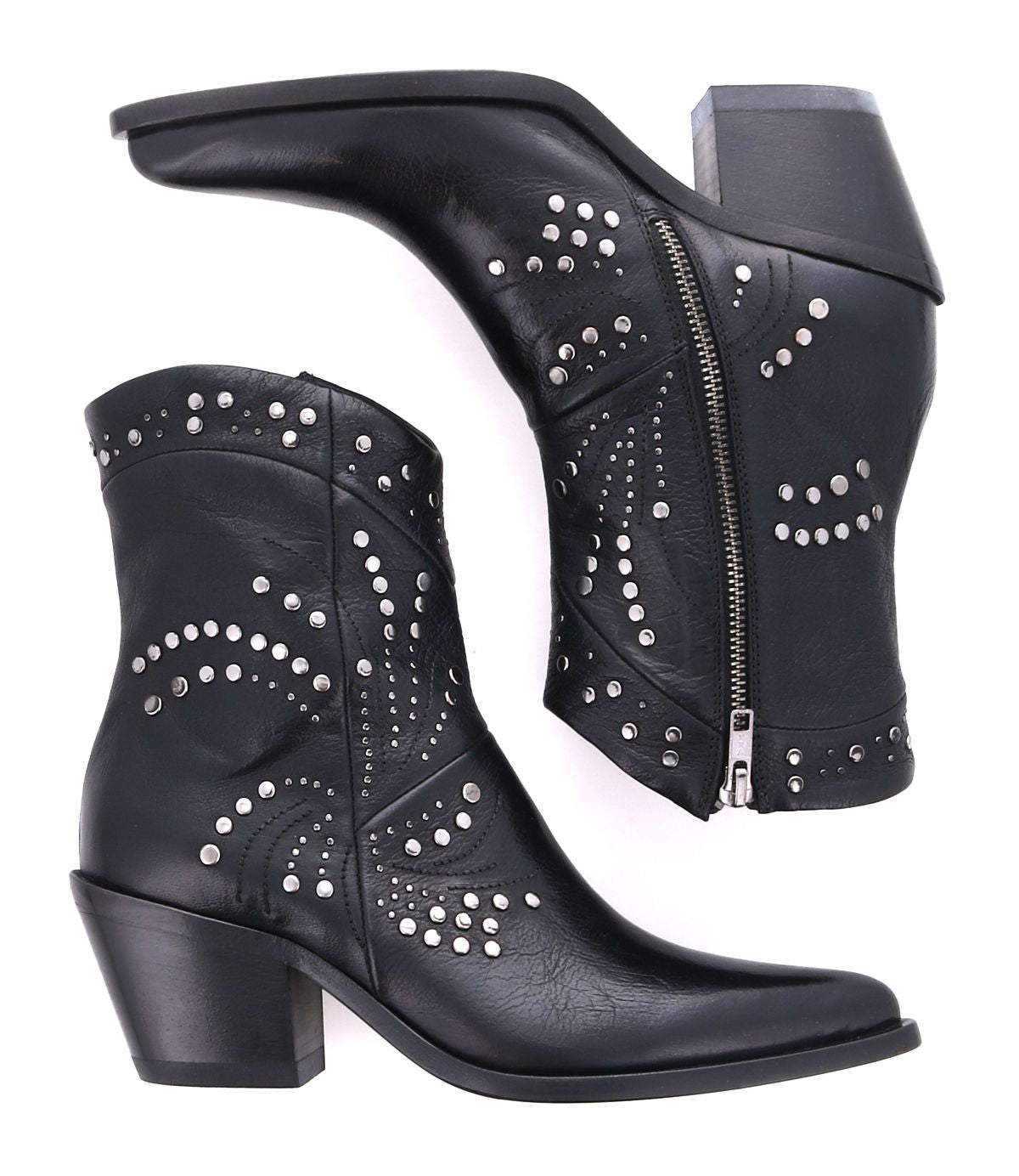 The Sposa ankle boots by Bed Stu feature black vegetable-tanned leather with silver stud embellishments and zippers. These booties have low heels and pointed toes, combining edgy style with sustainable craftsmanship.