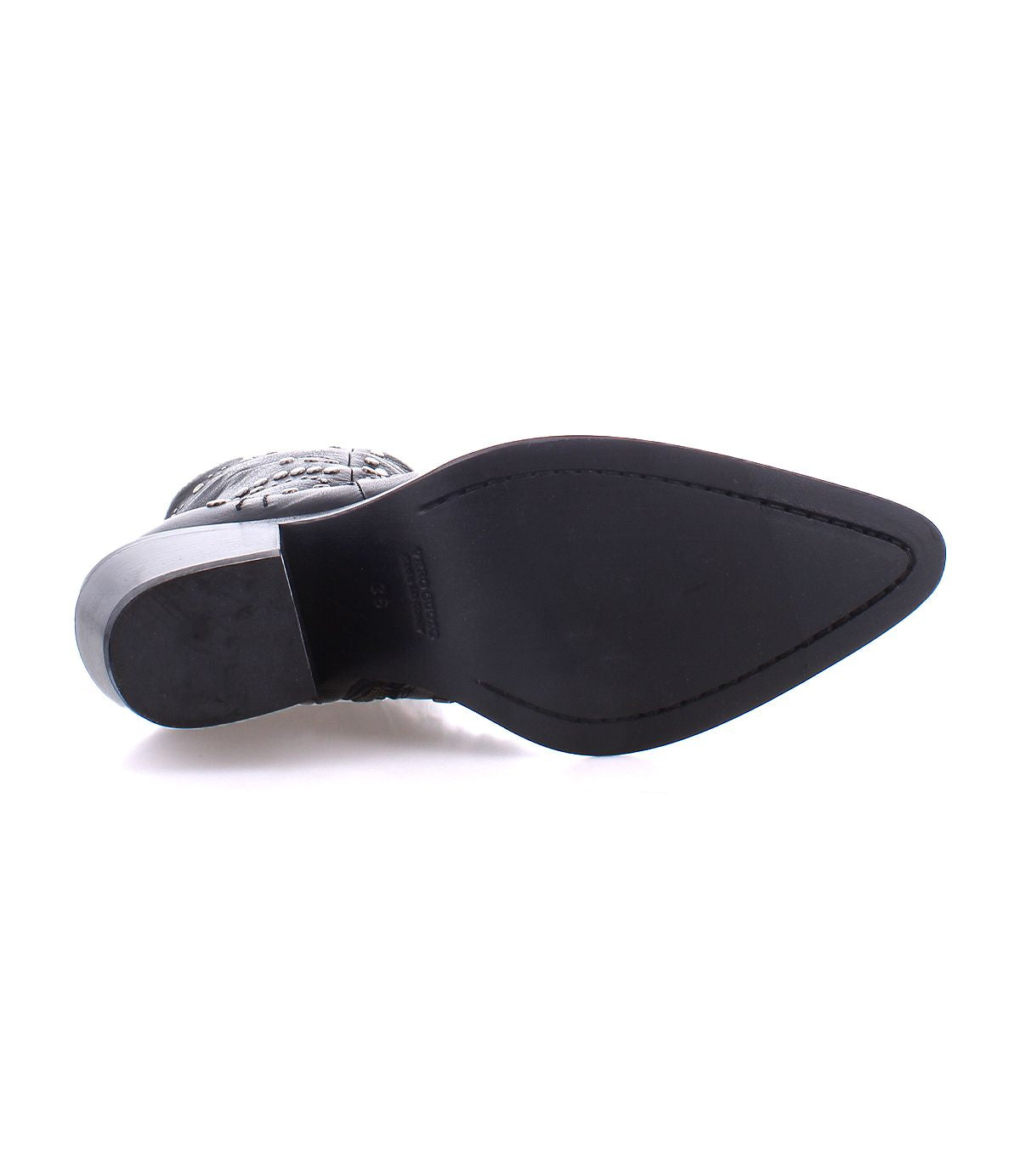 The image showcases the sole of the Sposa ankle boot by Bed Stu, highlighting its pointed toe design.