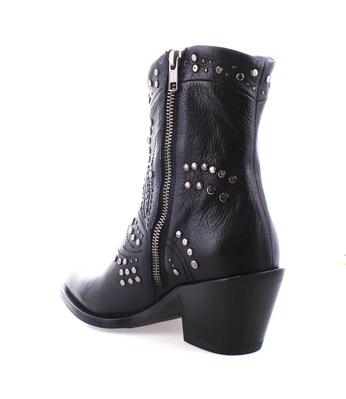 Bed Stu's Sposa ankle bootie features black vegetable-tanned leather adorned with decorative metal studs and a side zipper.
