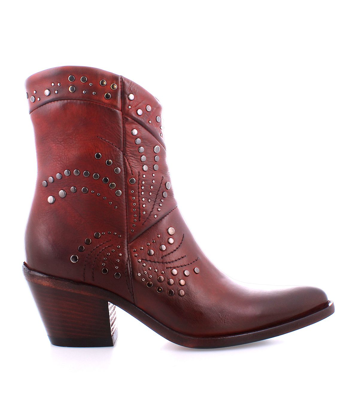 The Sposa by Bed Stu is a brown leather ankle bootie featuring decorative metal studs and a low heel, crafted from vegetable-tanned leather, shown from the side on a white background.