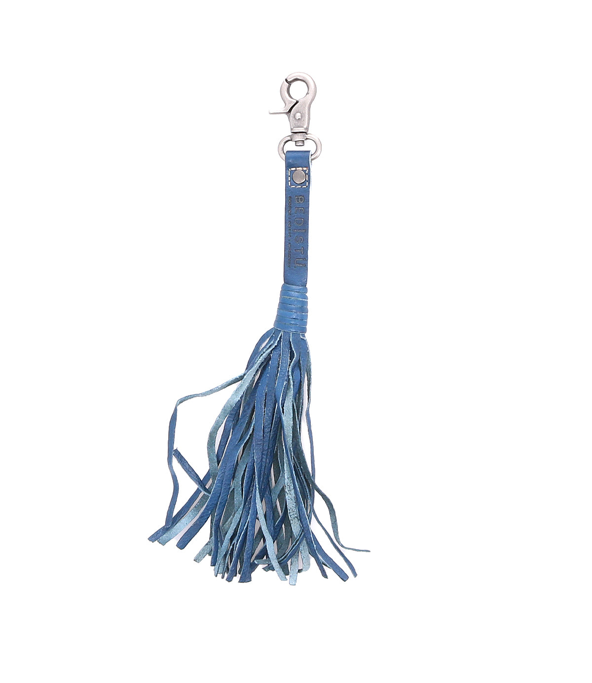 A blue leather Tassel Clip with a tassel, perfect for adding a touch of personal expression to your accessories. (Bed Stu)
