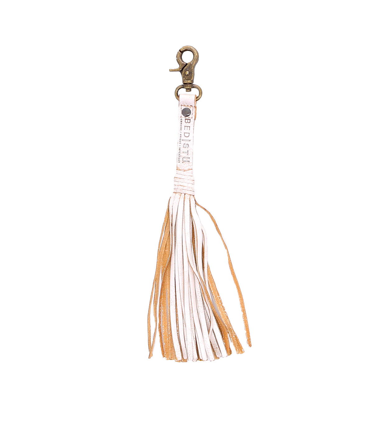 A white leather Tassel Clip keychain with tan tassels, perfect for adding a touch of personal expression to your accessories.