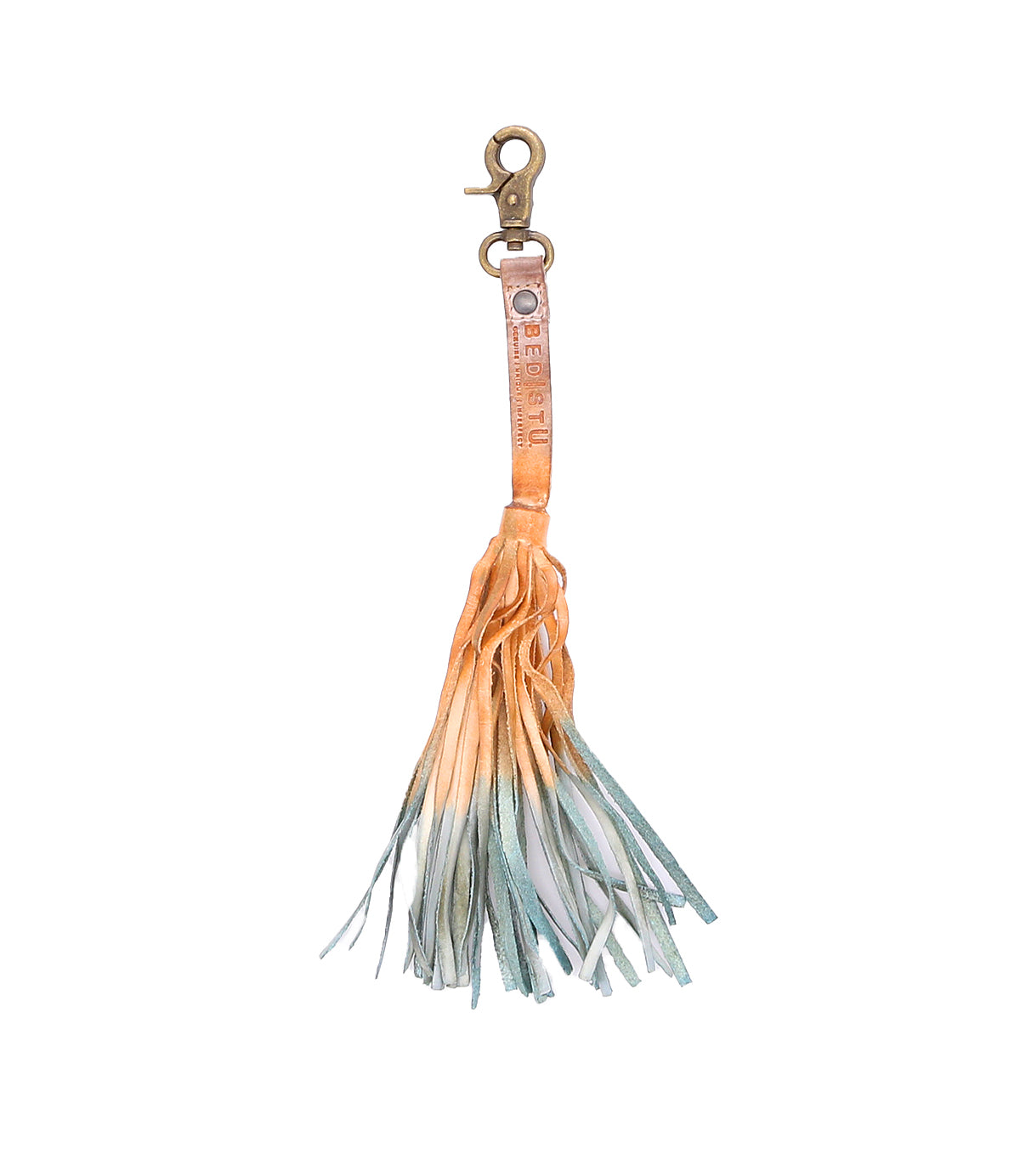 An accessory that serves as both a Bed Stu Tassel Clip and a personal expression piece, featuring an eye-catching orange and blue tassel.