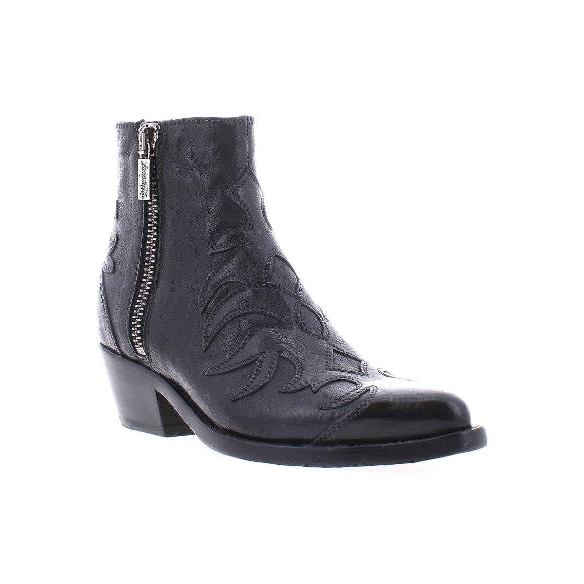 The Bed Stu Tentativa is a handcrafted black leather ankle boot with a side zipper, low heel, and decorative stitching for vintage Western style. Photographed on a white background.