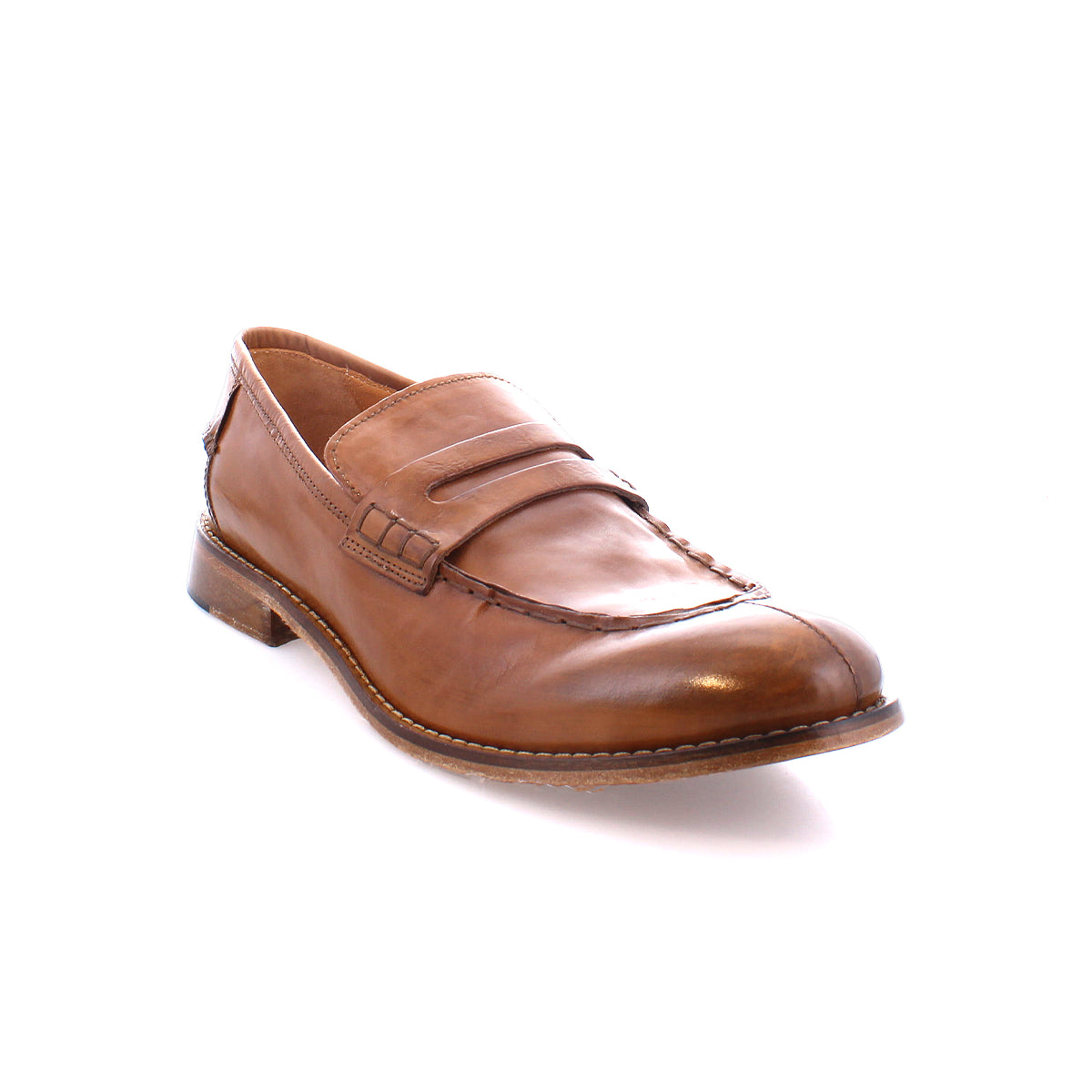 Brown leather penny loafer with a low wooden heel and decorative stitching, handcrafted in Italy on a white background: Time by Bed Stu.