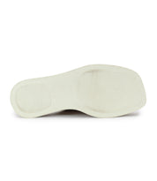 The image displays the bottom view of the Bed Stu Vext, a white platform slide sandal featuring a leather-wrapped sole, set against a plain background.