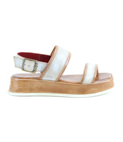 The Bed Stu Vice is a beige and tan platform sandal with a thick sole, open toe, adjustable ankle strap, and buckle closure, shown in a side profile view.