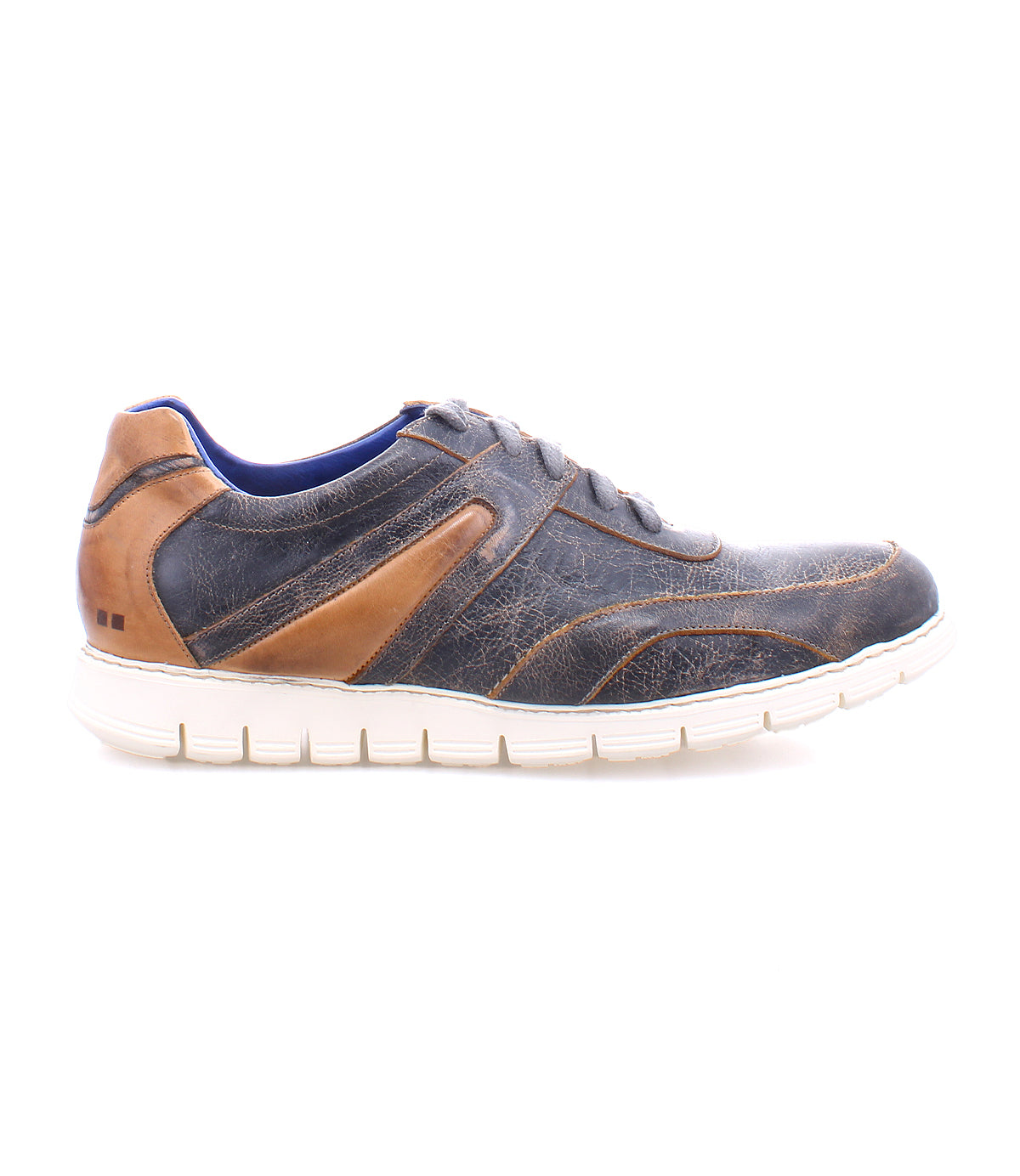 A single Wardell by Bed Stu casual blue and brown leather sneaker with a distressed lace-up design and a white sole isolated on a white background.