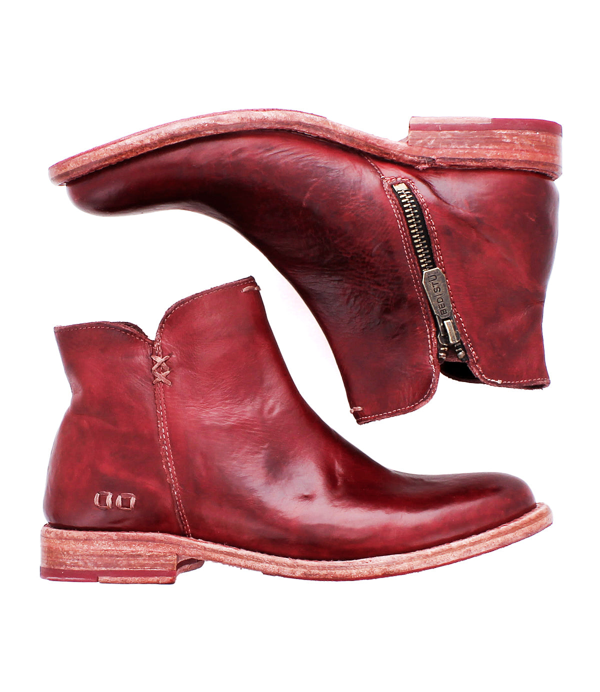 Bed Stu Yurisa: Red leather ankle boots with matching lining, side zippers, stacked heels, and visible stitching. Displayed side by side on a white background—perfect for everyday effortless style.