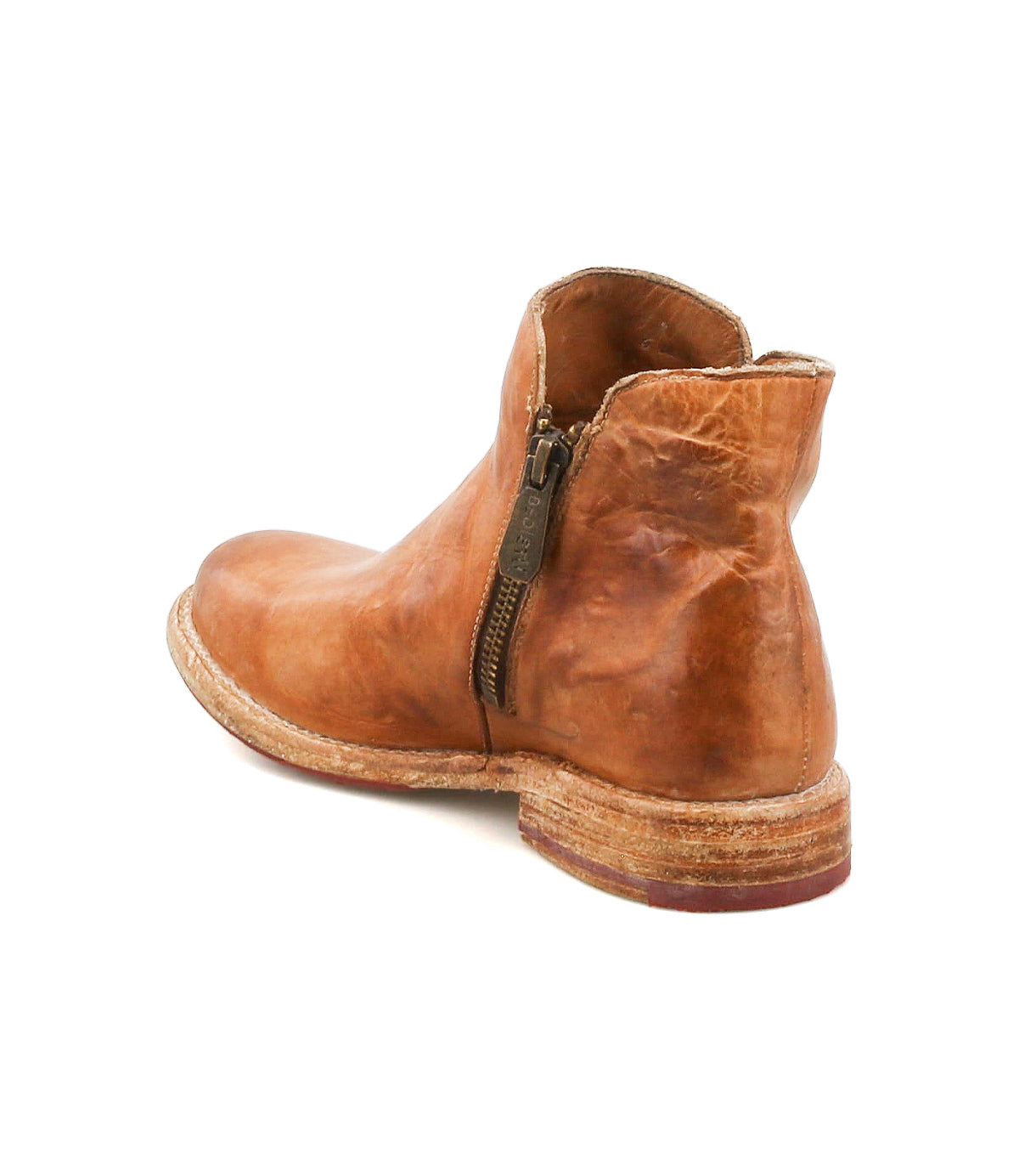 The Bed Stu Yurisa is a brown leather ankle boot with a red leather lining, side zipper, and stacked wooden heel—seen from the back. This stylish boot is perfect for everyday wear.