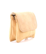 The Bed Stu Ziggy is a tan leather crossbody bag with a flap closure, two compartments, and visible stitching for hands-free use, displayed on a white background.