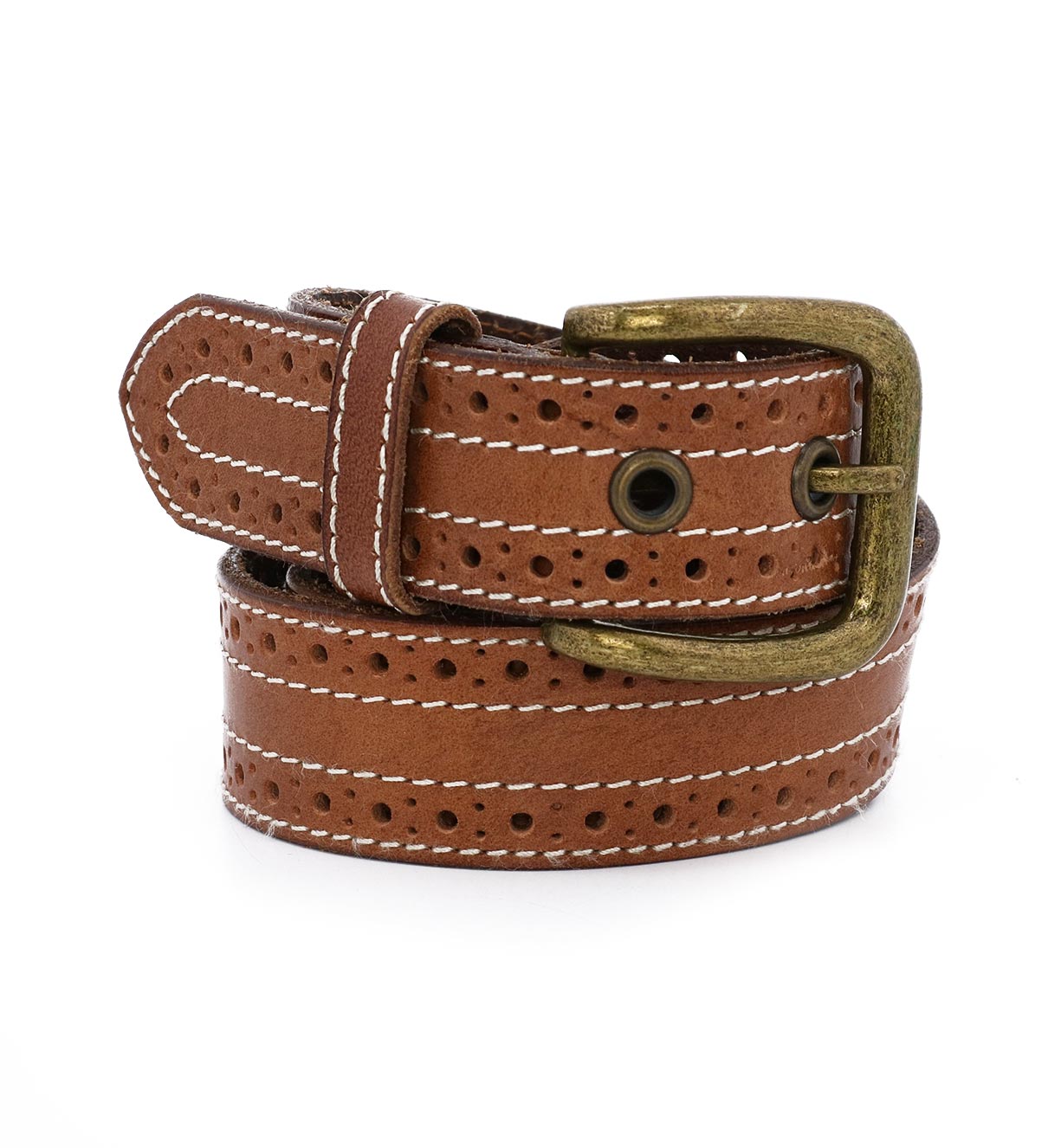 A Addison leather belt with a brass buckle and silver grommets by Bed Stu.